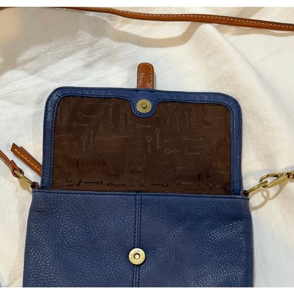 Fossil Blue Pebbled Leather Crossbody Bag Brown Trim Vintage Style - Picture 8 of 15